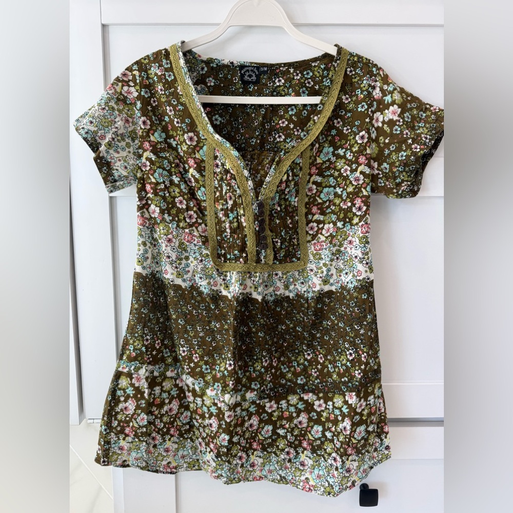 Midnight Sun Cotton Boho Olive Green Floral Print Blouse Sz M